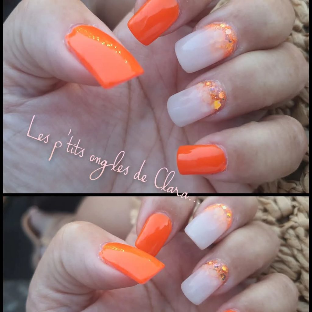 Ongles mains résine semi permanent fluo orange paillettes